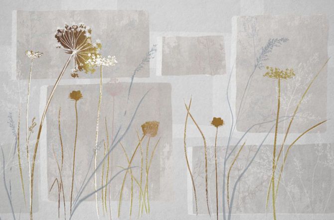 Фотошпалери сушені квіти на сірому дизайнерському тлі.