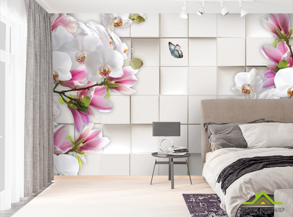 выбрать Фотошпалери Магнолії на тлі 3д квадратів Фотошпалери стереоскопічні на стіну