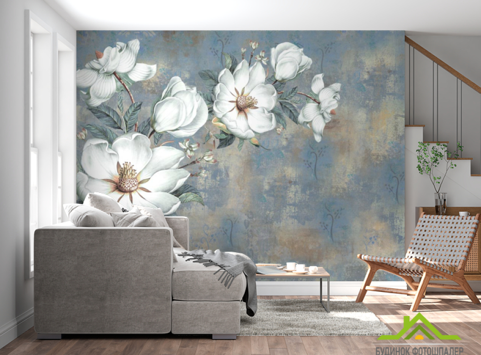 выбрать Фотошпалери Білі квіти на блакитному тлі Фотошпалери Квіти на стіну