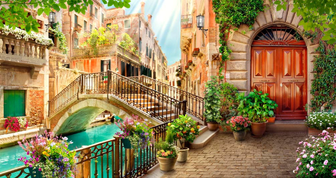 Фотообои Мост, дом, цветы