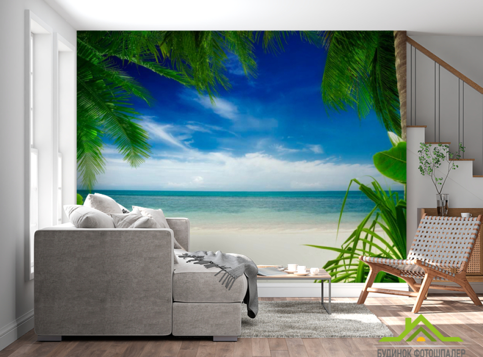 выбрать Фотообои Вид из-за пальмы Фотообои Пляж на стену