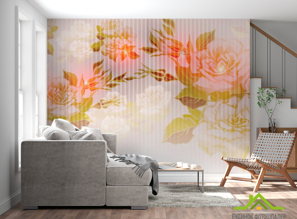выбрать Фотошпалери Помаранчевий принт з квітами Фотошпалери Квіти на стіну