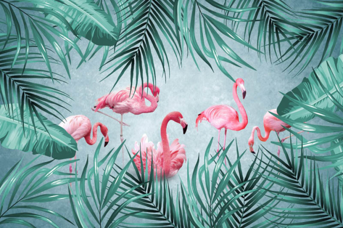 Фотошпалери фламінго на тропічних листках