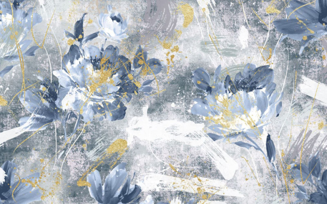 Фотошпалери дизайнерські квіти з золотом сині.