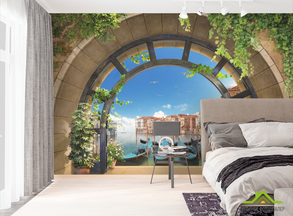 выбрать Фотообои гондолы за круглым окном Фотообои Вид из окна на стену