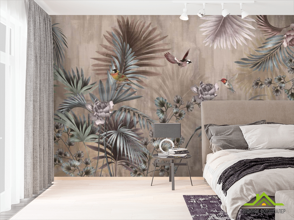 Фотошпалери тропічні листя і птиці