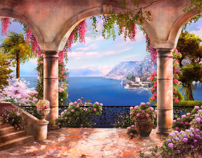 Фотообои Море, горы, балкон, цветы