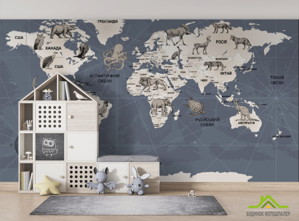 выбрать Фотошпалери дитяча карта світу з тваринами Фотошпалери Розвиваючі карти на стіну