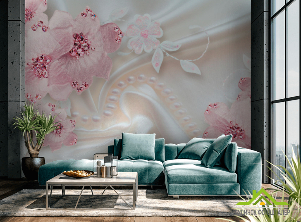 выбрать Фотообои Розовые цветы на атласе Фотообои цветы 3d на стену