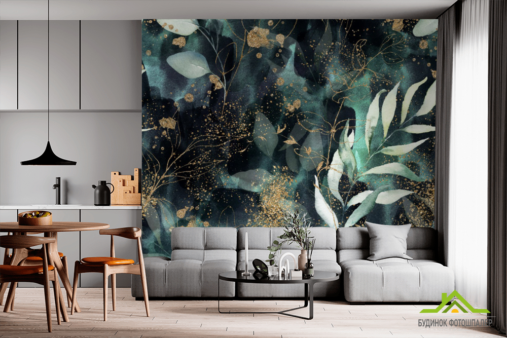 Фотообои зеленые листья и золото