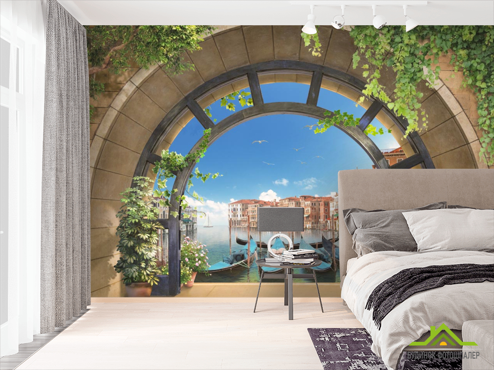 Фотошпалери гондоли за круглим вікном
