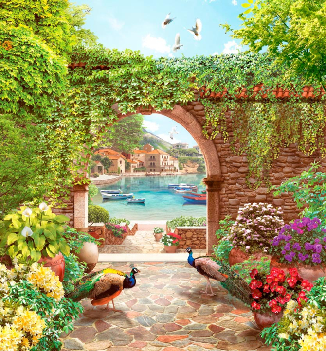 Фотошпалери Павичі, арка, квіти