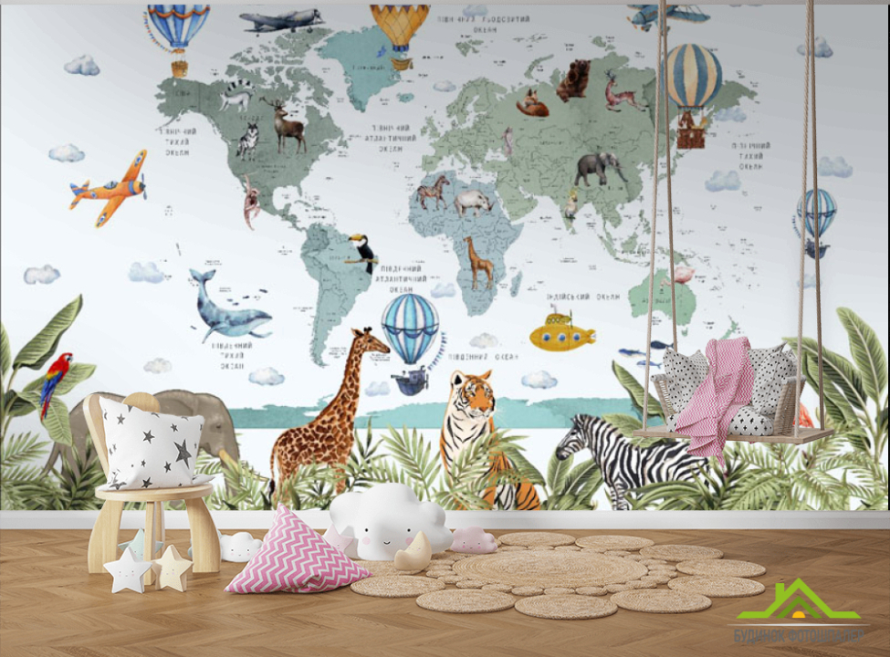 выбрать Фотообои Карта детская с тропическими животными в тропиках. Фотообои в детскую на стену
