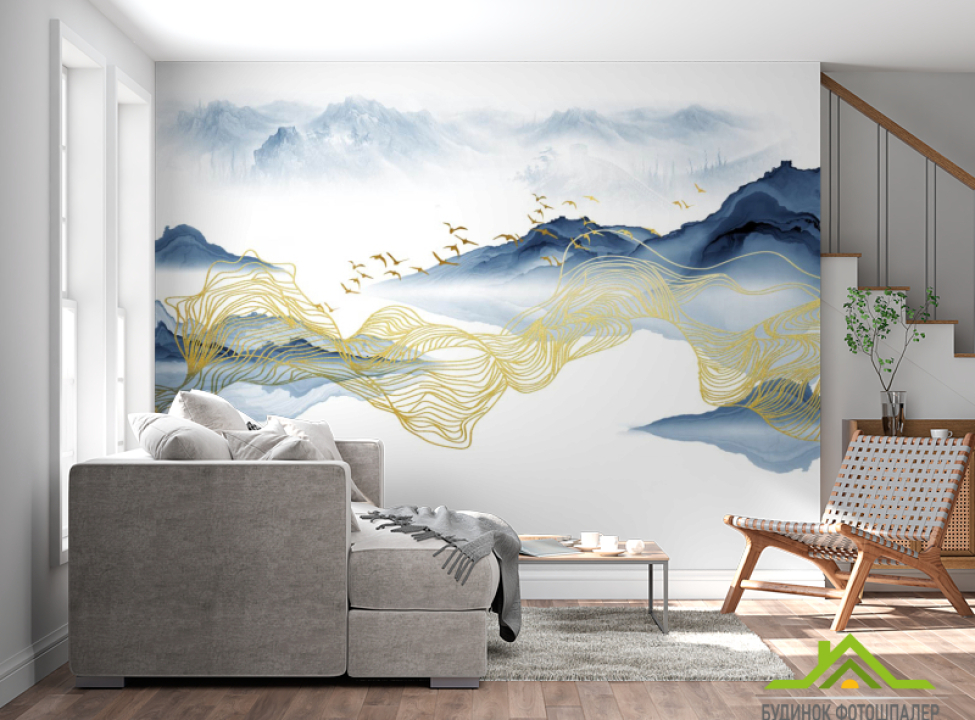 выбрать Фотообои Волны из синей и золотой абстракции Фотообои Абстракция на стену