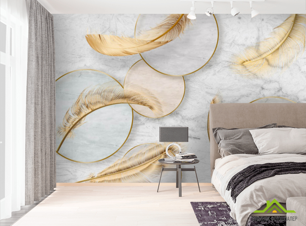выбрать Фотообои Золотые перья с кругами Фотообои перья на стену