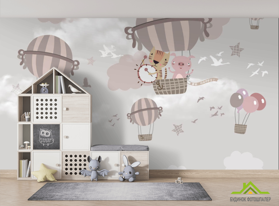 выбрать Фотошпалери Летять звірі на повітряних кулях Фотошпалери Little kids на стіну