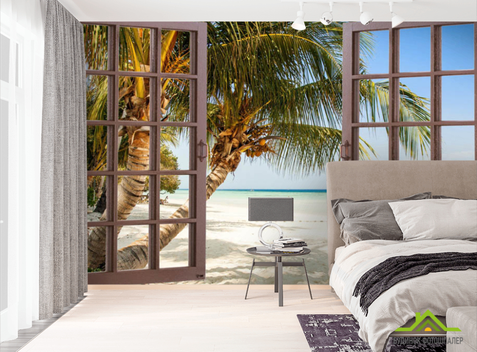 выбрать Фотошпалери Вид на море і пальму Фотошпалери Вид з вікна на стіну