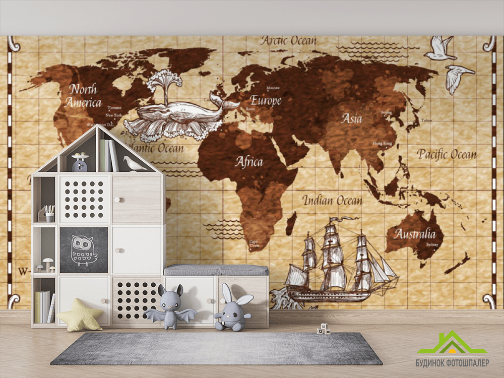 Фотообои Винтажная карта детская коричневая