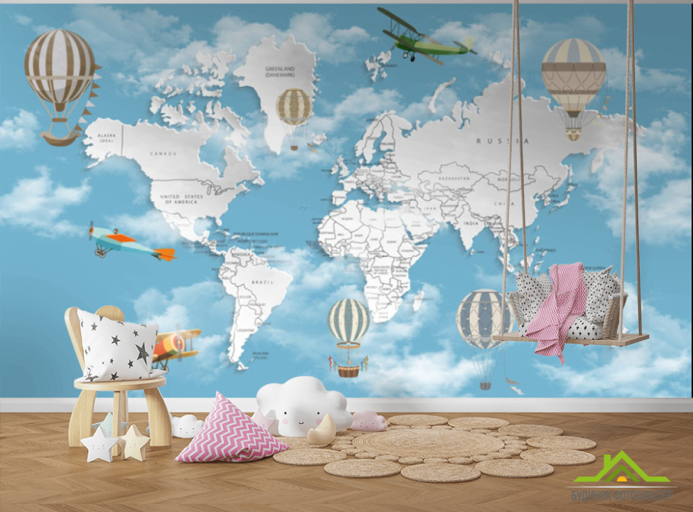 выбрать Фотообои Голубая карта с облаками на английском Фотообои Развивающие карты на стену