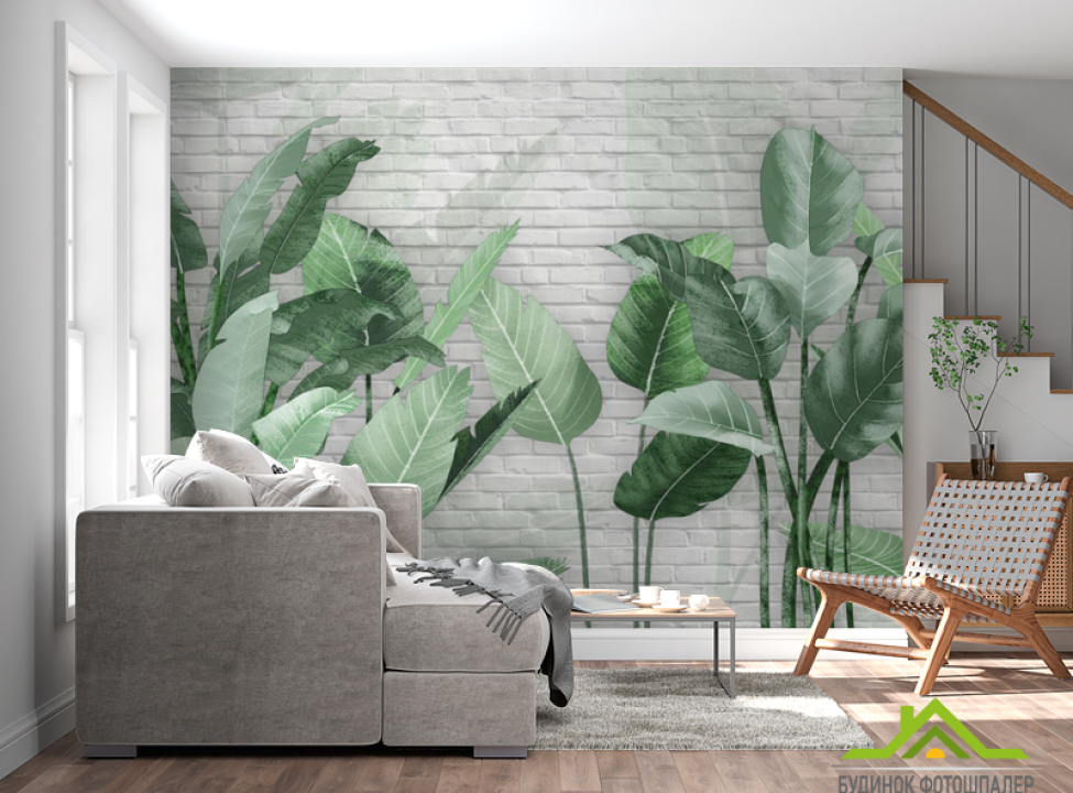 выбрать Фотообои Банановые листья на кирпичном фоне Фотообои тропические листья на стену
