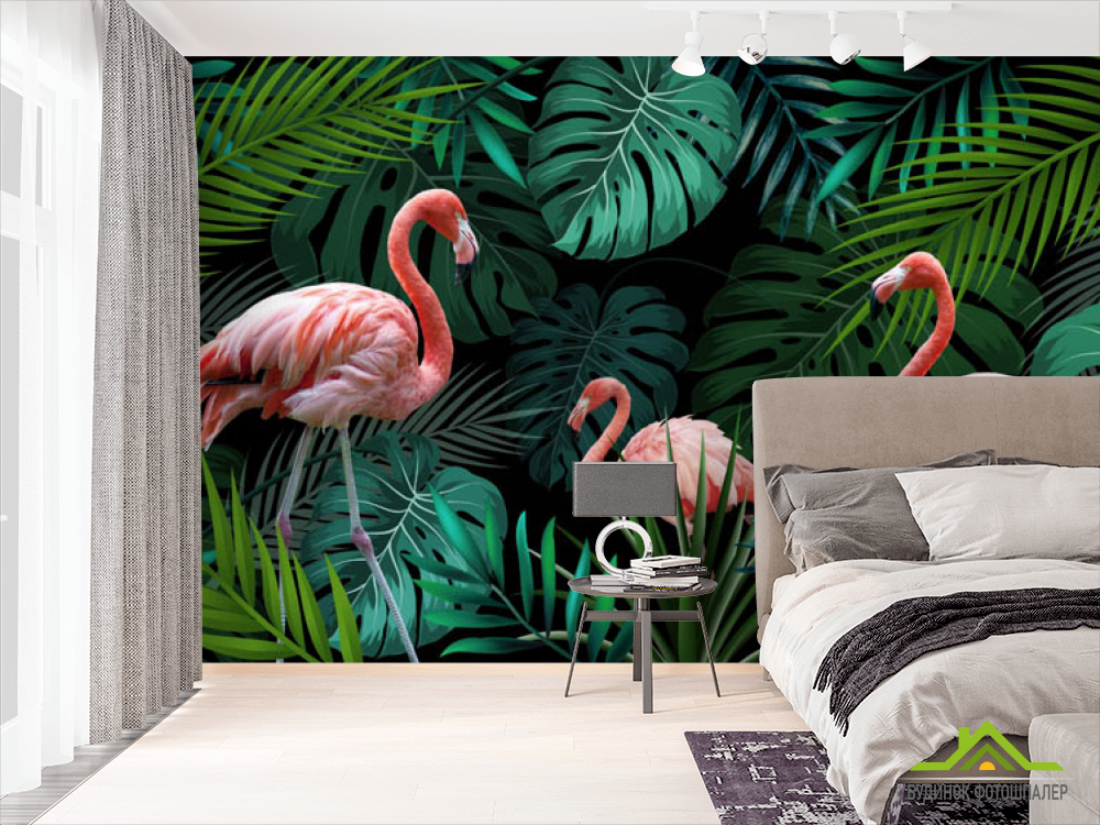 Фотошпалери фламінго на тропічних листках