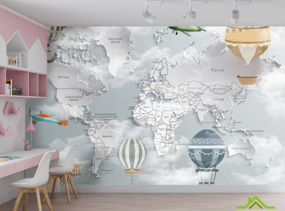 выбрать Фотообои Детская карта с воздушными шарами в тумане. Фотообои Развивающие карты на стену