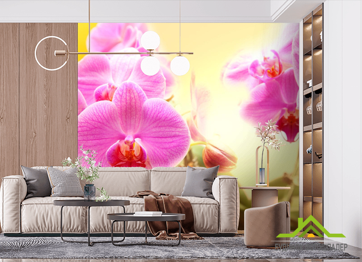 Фотошпалери рожеві орхідеї на жовтому фоні