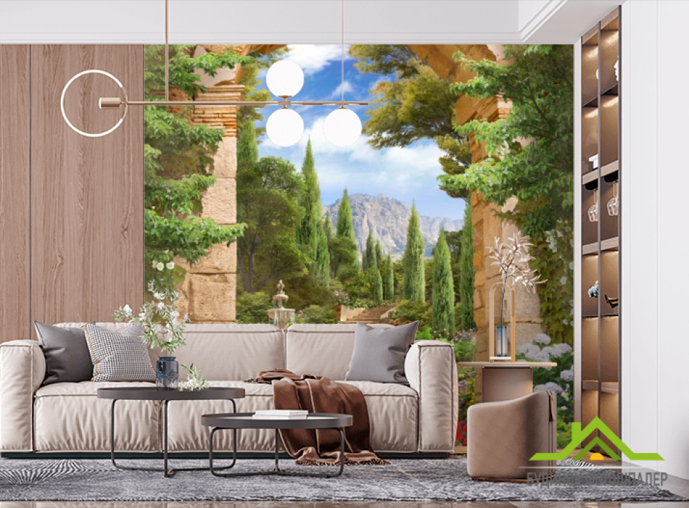 выбрать Фотошпалери Фонтан, арка, сад Фотошпалери Фрески на стіну