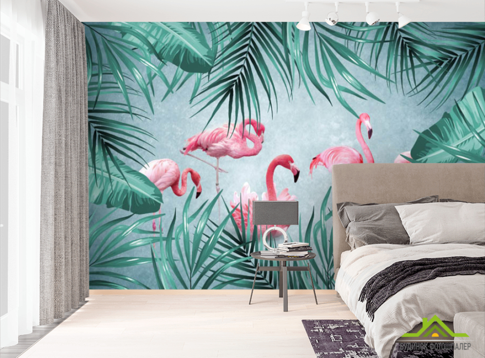 выбрать Фотошпалери фламінго на тропічних листках Фотошпалери різні на стіну
