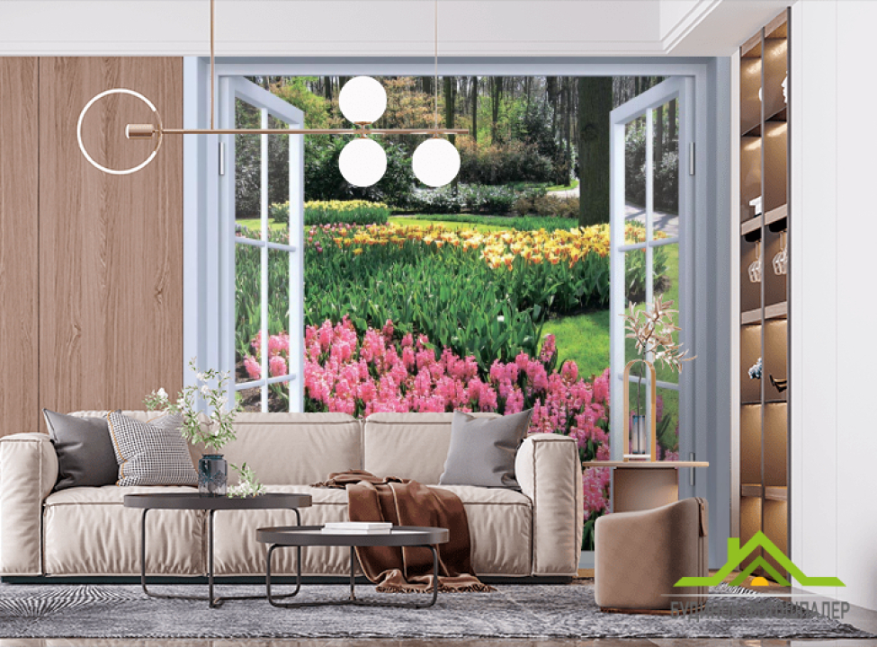 выбрать Фотошпалери Вид на квіти Фотошпалери Вид з вікна на стіну