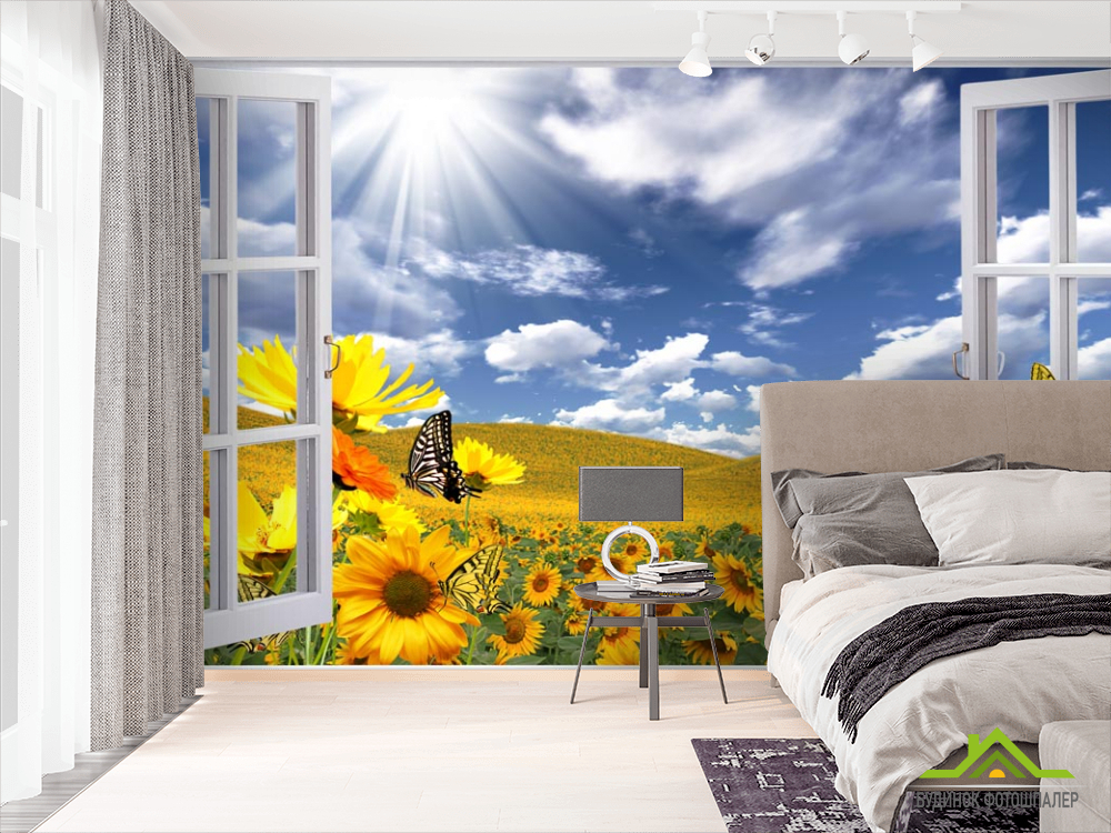 Фотошпалери соняшники за вікном