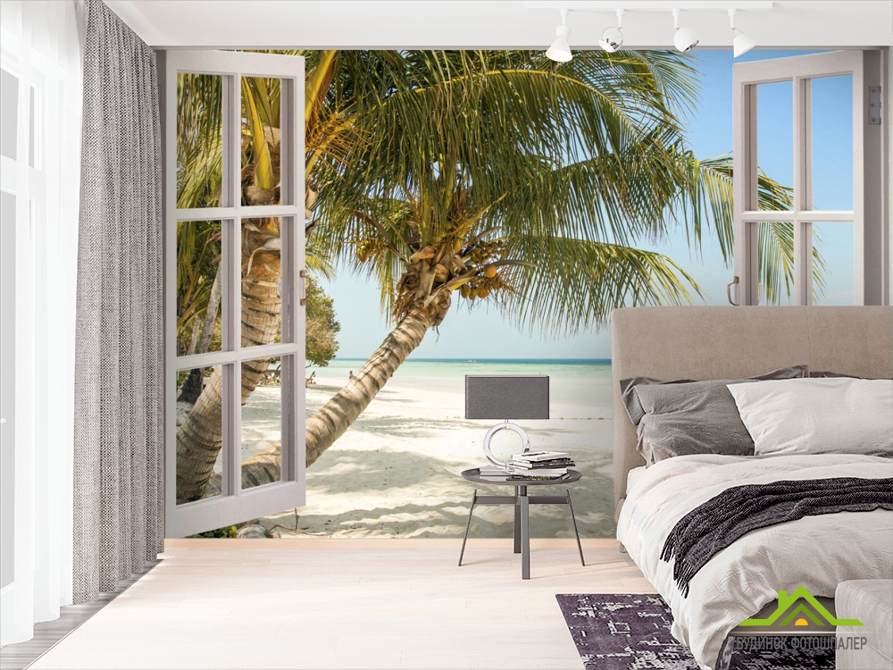Фотошпалери Пальма і море у вікні