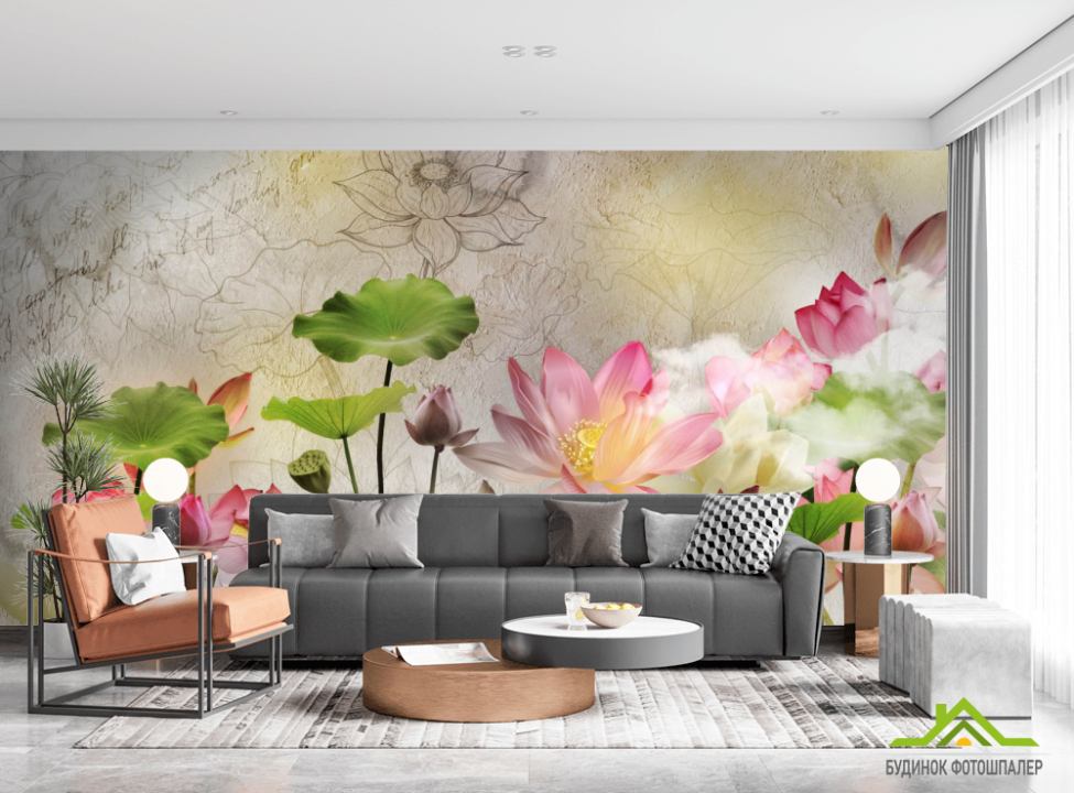 выбрать Фотошпалери Лотоси на тлі бетону Фотошпалери Квіти на стіну