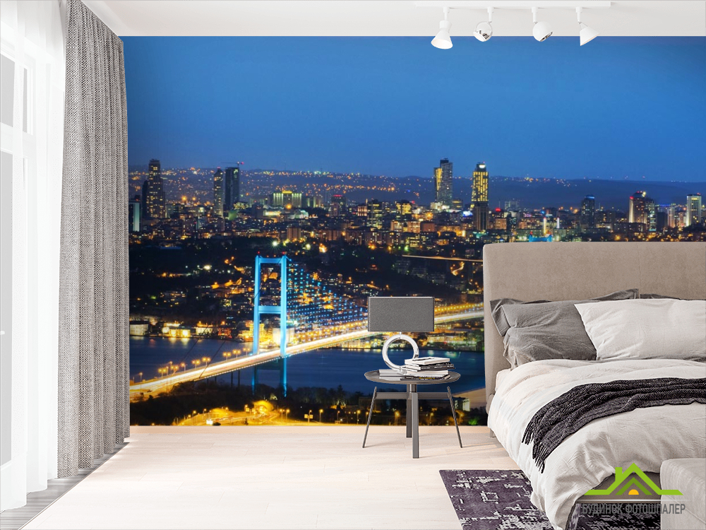 Фотообои мост с сине-желтыми огнями