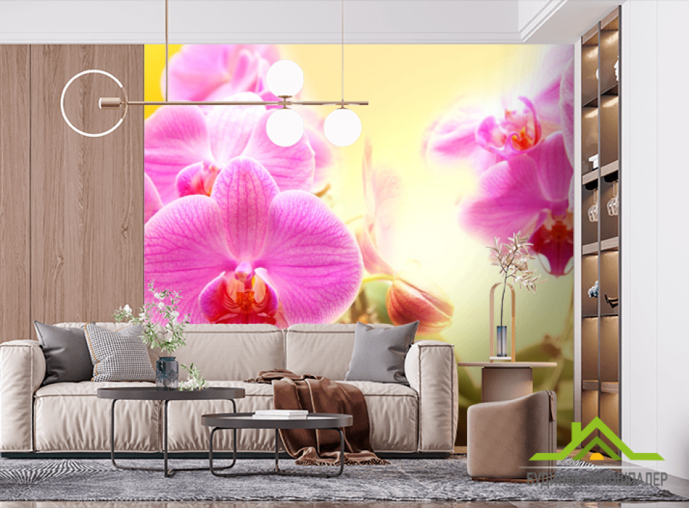 выбрать Фотообои розовые орхидеи на желтом фоне Фотообои Орхидеи на стену