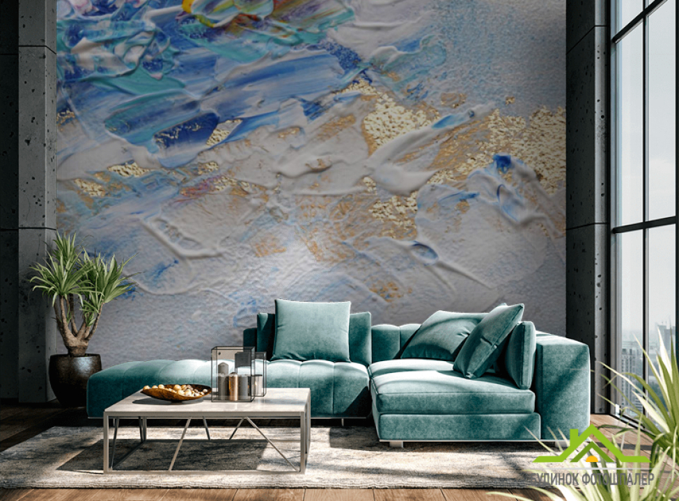 выбрать Фотошпалери блакитні мазки з золотом Фотошпалери Абстракція на стіну