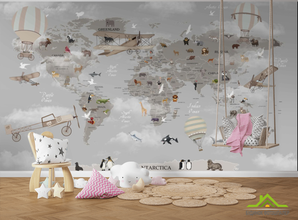выбрать Фотообои Серая карта с самолетами и шарами на английском Фотообои в детскую на стену