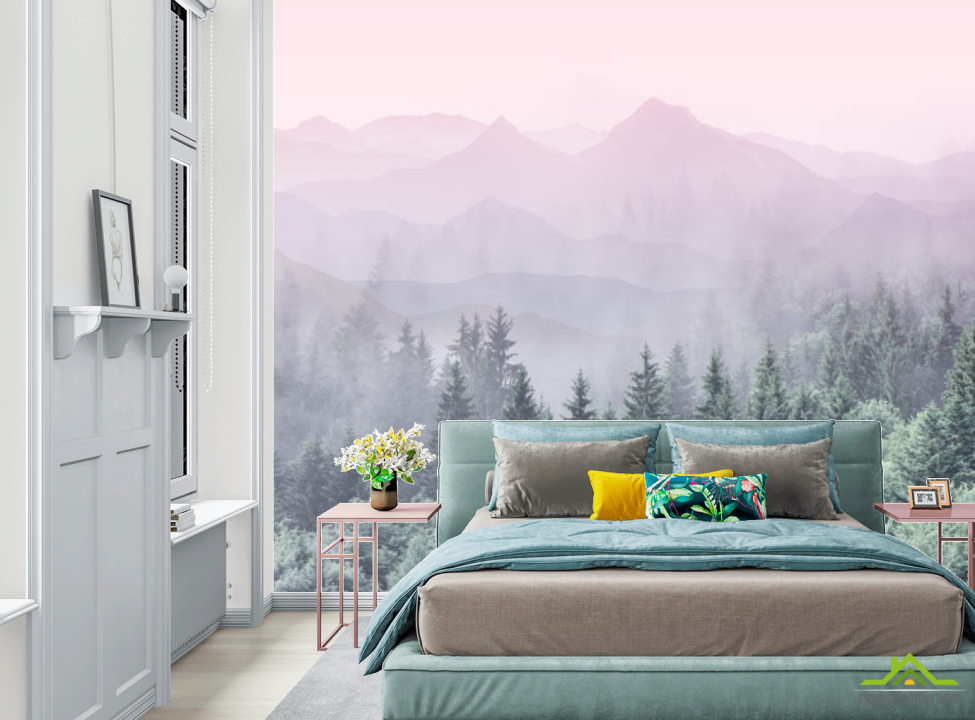 выбрать Фотообои Лес с розовыми горами Фотообои в спальню на стену