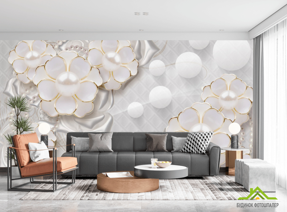 выбрать Фотошпалери Білі квіти з перлами Фотошпалери квіти 3d на стіну