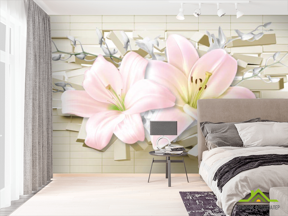 Фотошпалери Лілії 3д і цегла