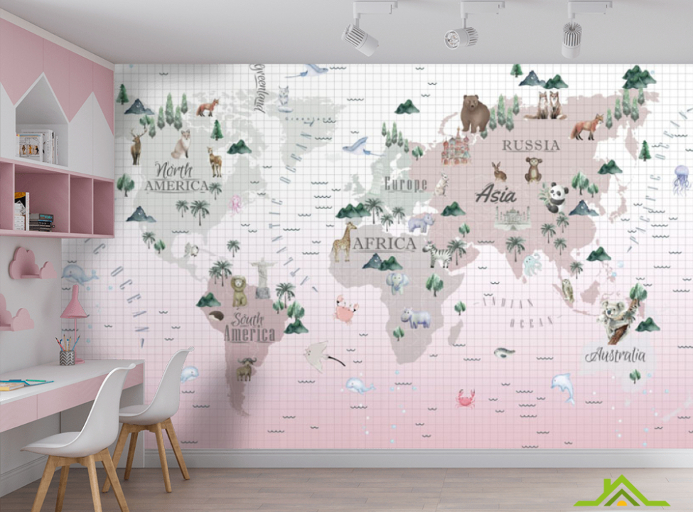 выбрать Фотообои Розовая карта в клетку с животными Фотообои в детскую на стену