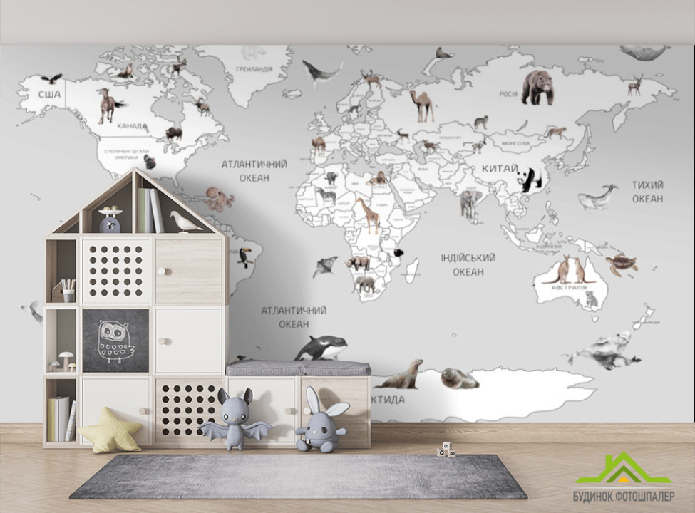 выбрать Фотошпалери сіра карта з тваринами  на стіну