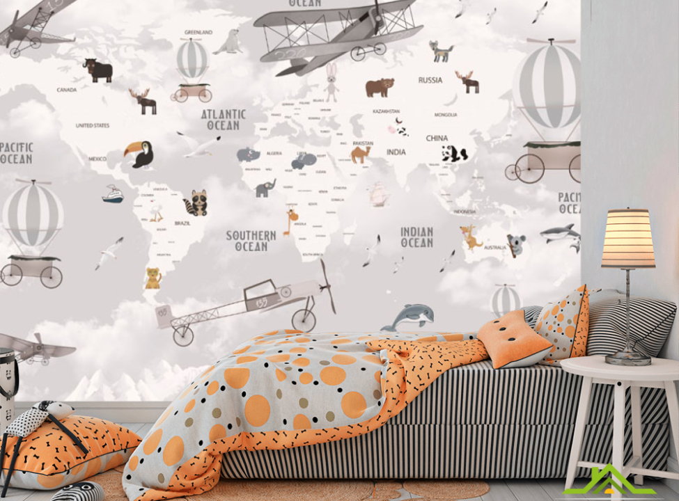 выбрать Фотообои Бежевая карта детская минималистичная на английском языке Фотообои Развивающие карты на стену