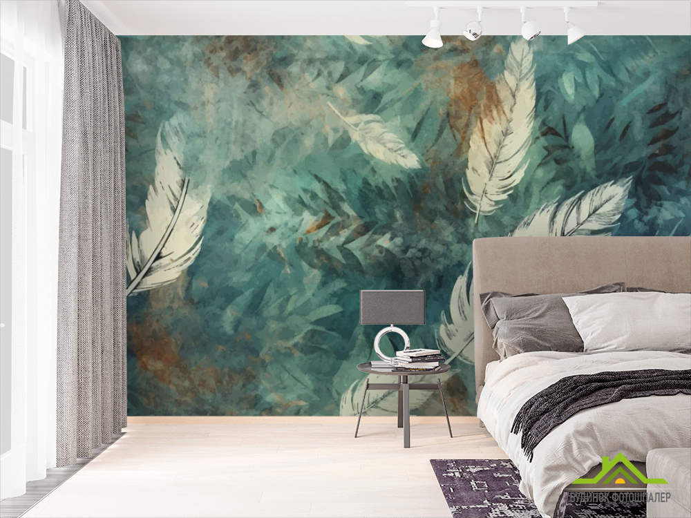 Фотошпалери Пір'я на зеленому тлі