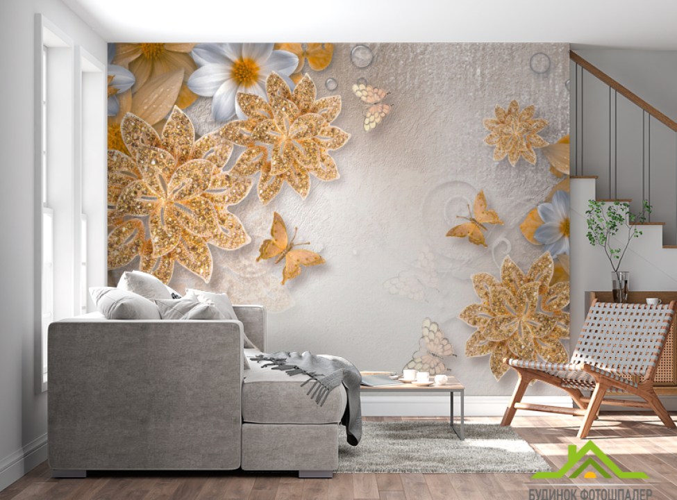 выбрать Фотошпалери Золоті брошки з візерунками Фотошпалери квіти 3d на стіну