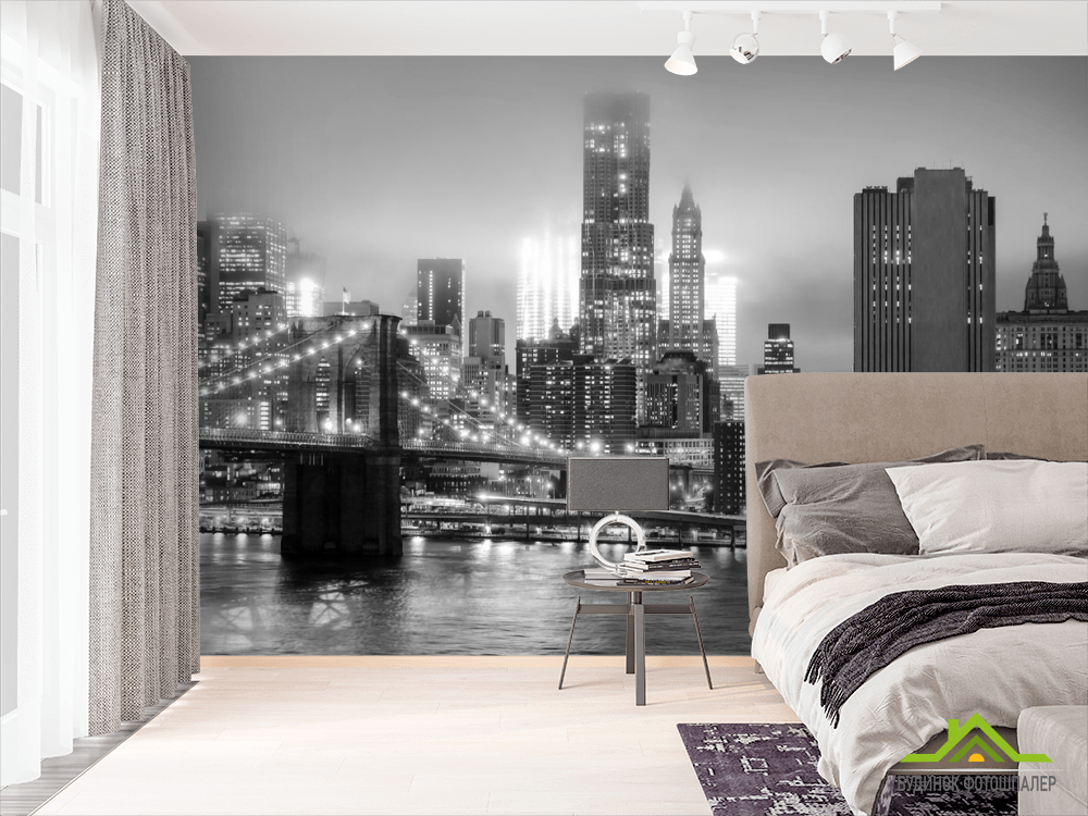 Фотообои черно-белый город сияющие огни