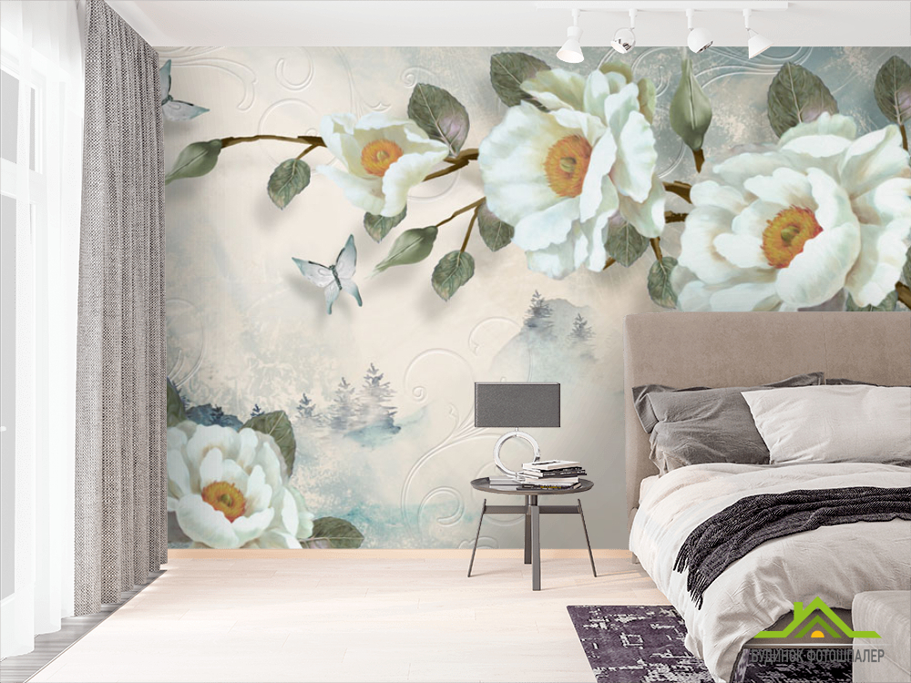 Фотообои Цветы на бирюзовом фоне