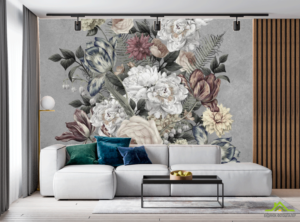 выбрать Фотообои Винтажные цветы на сером Фотообои в гостиную на стену
