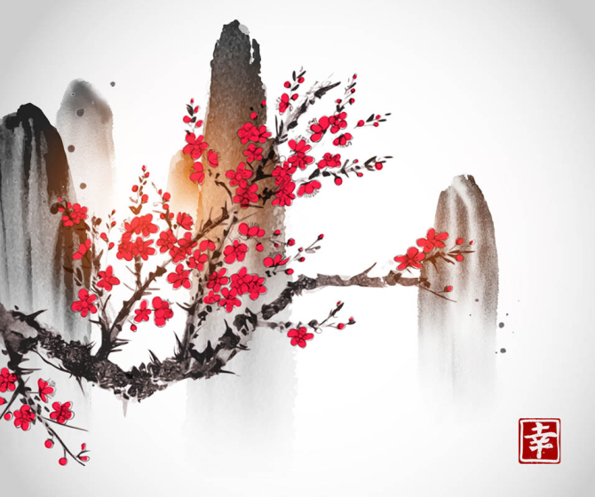 Фотошпалери Мальована сакура в японському стилі