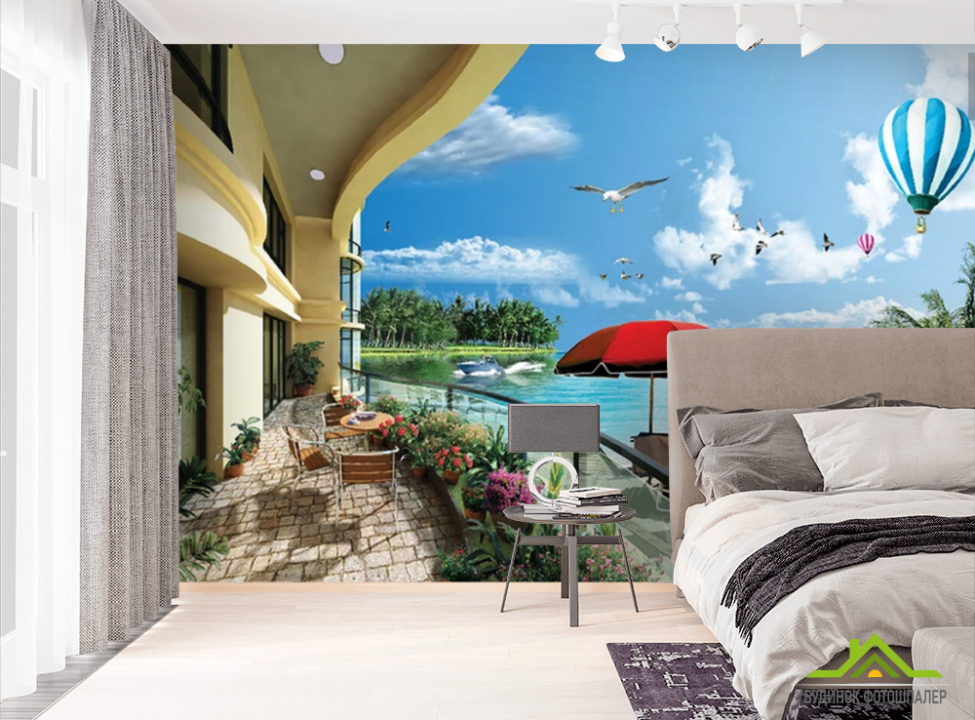 выбрать Фотошпалери Вид з балкона на море з терасою Фотошпалери Вид з вікна на стіну